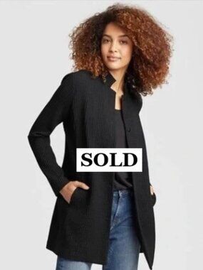 Eileen Fisher Cotton Tencel Grid Long Jacket Waffle Knit Snap Buttons 2X* Black